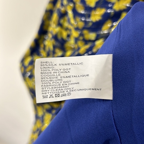 Shoshanna Blue Silk Yellow Floral Metallic Faux Wrap Ruffle Dress size 4 - Picture 6 of 9